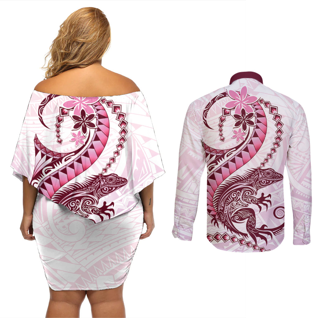 Pink Maori Tuatara Couples Matching Off Shoulder Short Dress and Long Sleeve Button Shirt Luxury Pastel Pattern