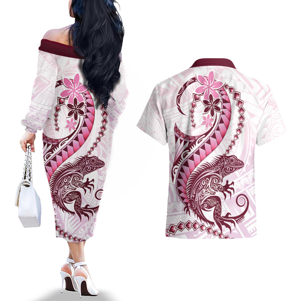 Pink Maori Tuatara Couples Matching Off The Shoulder Long Sleeve Dress and Hawaiian Shirt Luxury Pastel Pattern