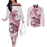 Pink Maori Tuatara Couples Matching Off The Shoulder Long Sleeve Dress and Long Sleeve Button Shirt Luxury Pastel Pattern