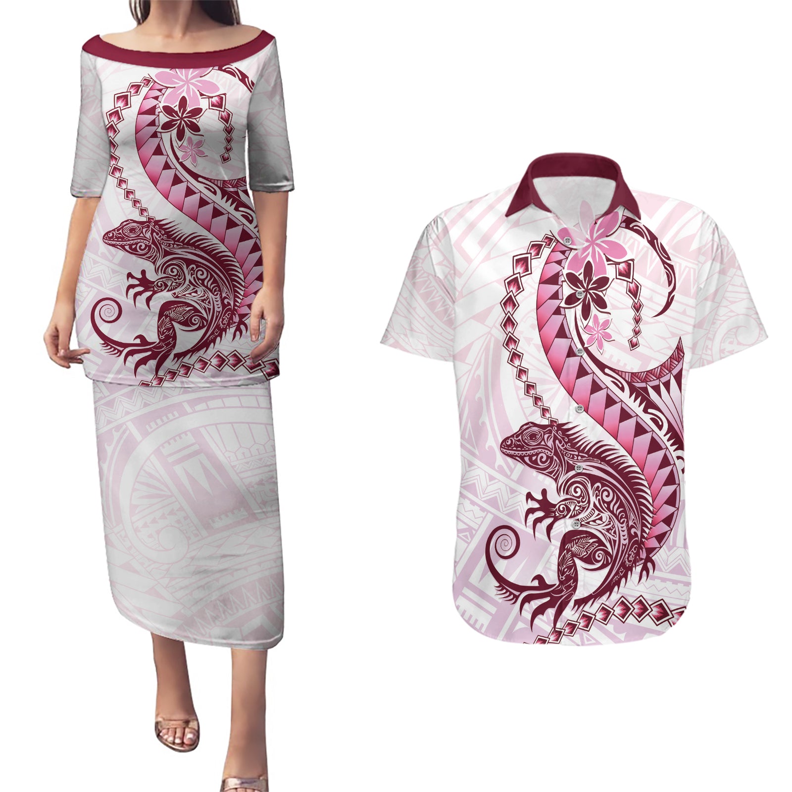 Pink Maori Tuatara Couples Matching Puletasi and Hawaiian Shirt Luxury Pastel Pattern LT01 Pink - Polynesian Pride