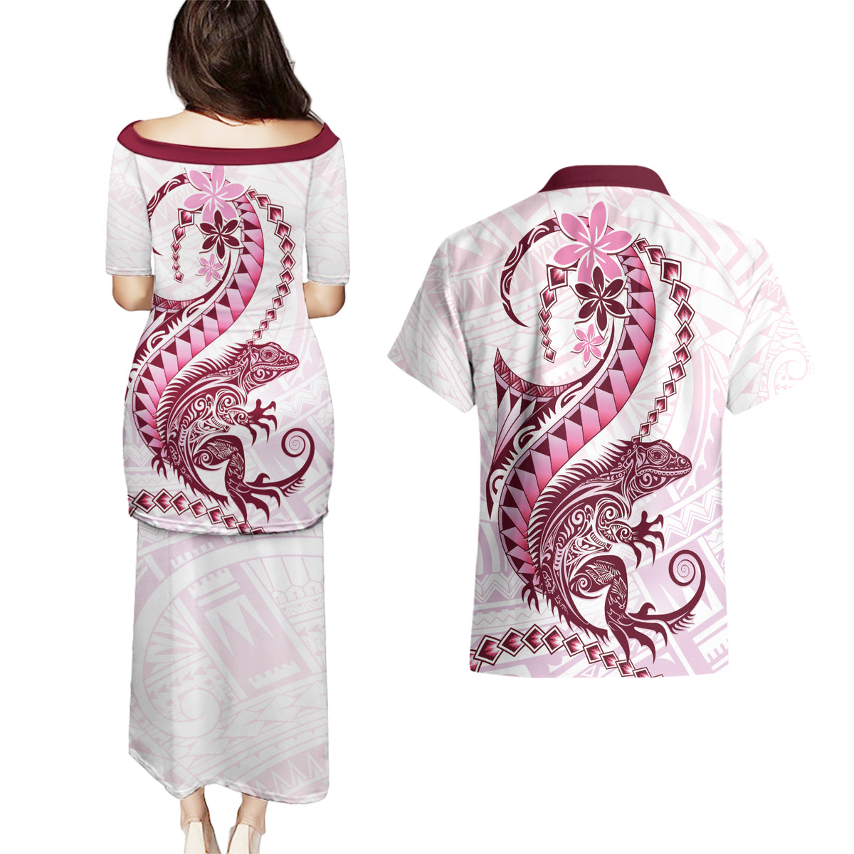 Pink Maori Tuatara Couples Matching Puletasi and Hawaiian Shirt Luxury Pastel Pattern