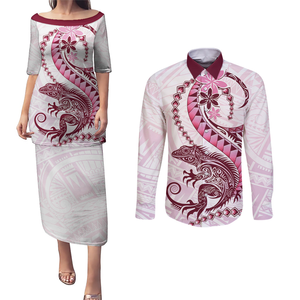 Pink Maori Tuatara Couples Matching Puletasi and Long Sleeve Button Shirt Luxury Pastel Pattern LT01 Pink - Polynesian Pride