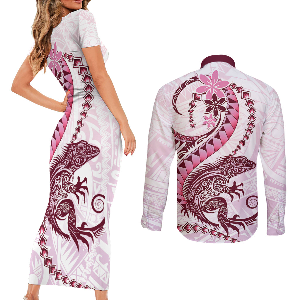 Pink Maori Tuatara Couples Matching Short Sleeve Bodycon Dress and Long Sleeve Button Shirt Luxury Pastel Pattern