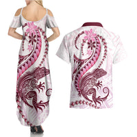 Pink Maori Tuatara Couples Matching Summer Maxi Dress and Hawaiian Shirt Luxury Pastel Pattern