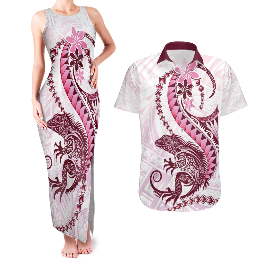 Pink Maori Tuatara Couples Matching Tank Maxi Dress and Hawaiian Shirt Luxury Pastel Pattern