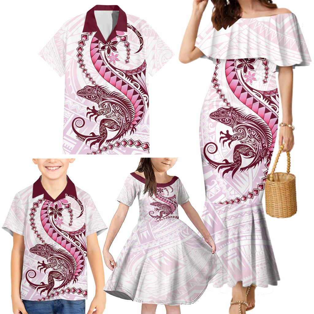 Pink Maori Tuatara Family Matching Mermaid Dress and Hawaiian Shirt Luxury Pastel Pattern