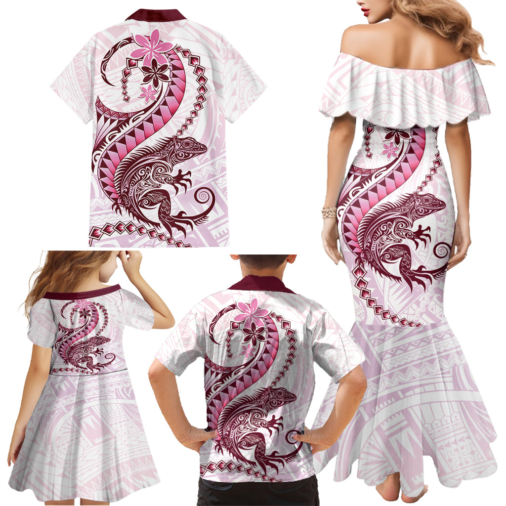 Pink Maori Tuatara Family Matching Mermaid Dress and Hawaiian Shirt Luxury Pastel Pattern