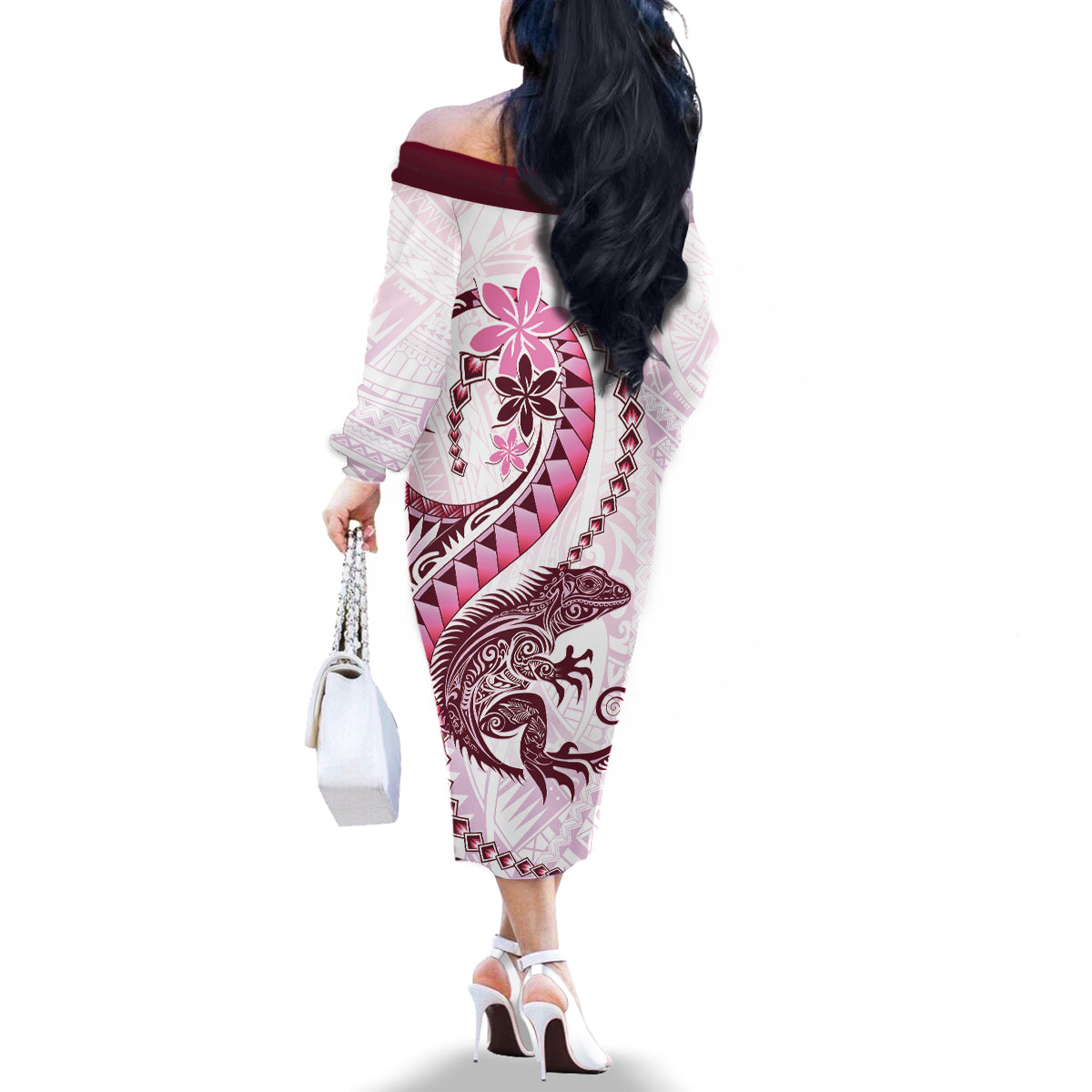 Pink Maori Tuatara Family Matching Off The Shoulder Long Sleeve Dress and Hawaiian Shirt Luxury Pastel Pattern