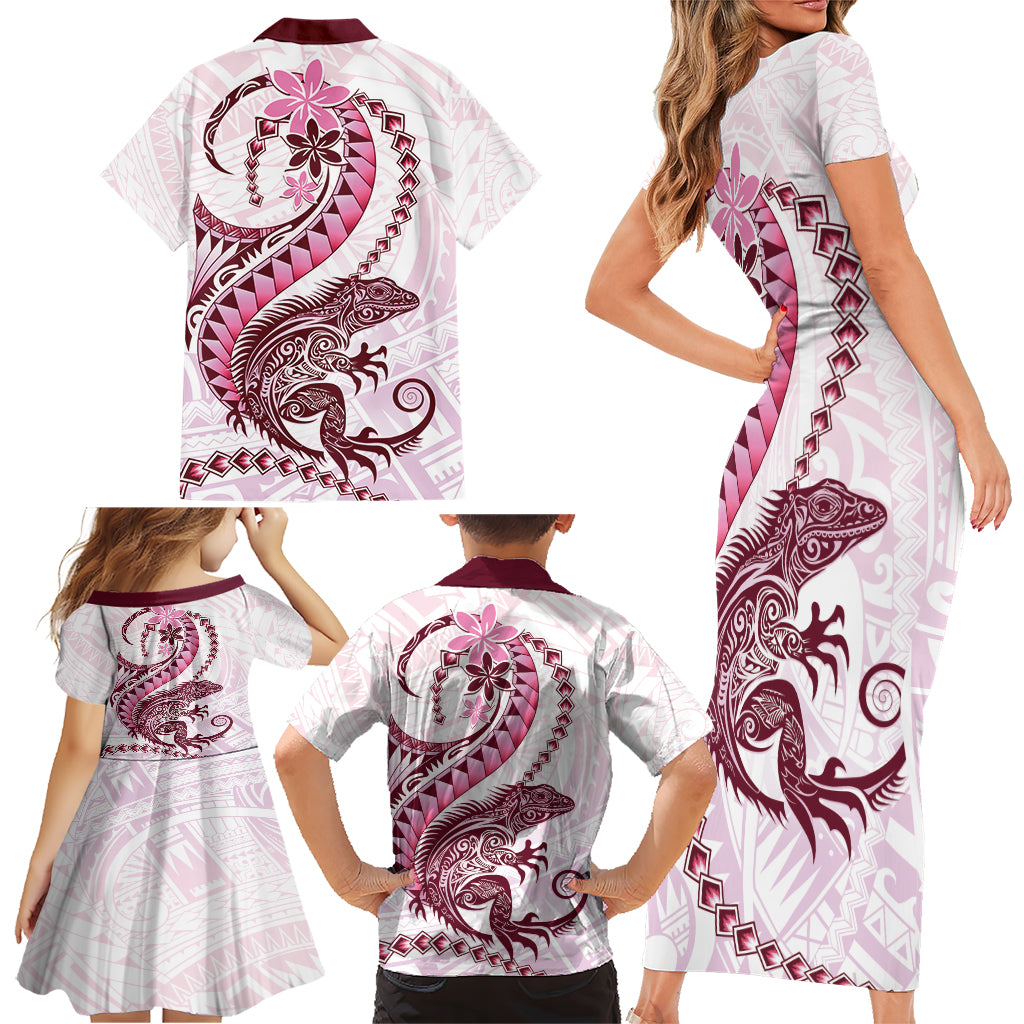 Pink Maori Tuatara Family Matching Short Sleeve Bodycon Dress and Hawaiian Shirt Luxury Pastel Pattern