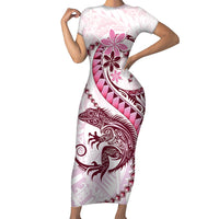 Pink Maori Tuatara Family Matching Short Sleeve Bodycon Dress and Hawaiian Shirt Luxury Pastel Pattern