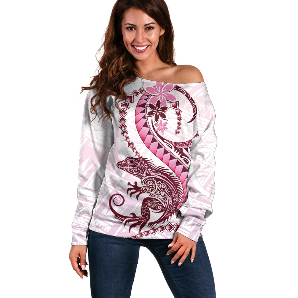 Pink Maori Tuatara Off Shoulder Sweater Luxury Pastel Pattern