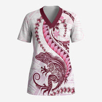 Pink Maori Tuatara Scrub Top Luxury Pastel Pattern - Polynesian Pride