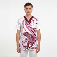 Pink Maori Tuatara Scrub Top Luxury Pastel Pattern - Polynesian Pride