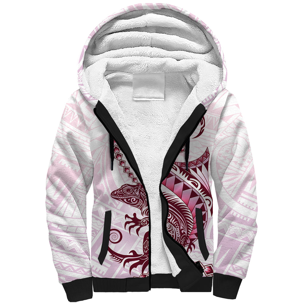 Pink Maori Tuatara Sherpa Hoodie Luxury Pastel Pattern