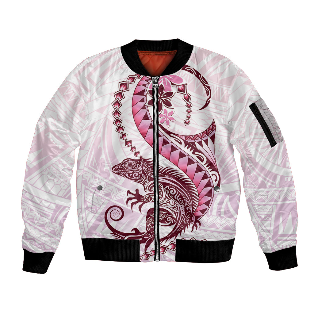 Pink Maori Tuatara Sleeve Zip Bomber Jacket Luxury Pastel Pattern