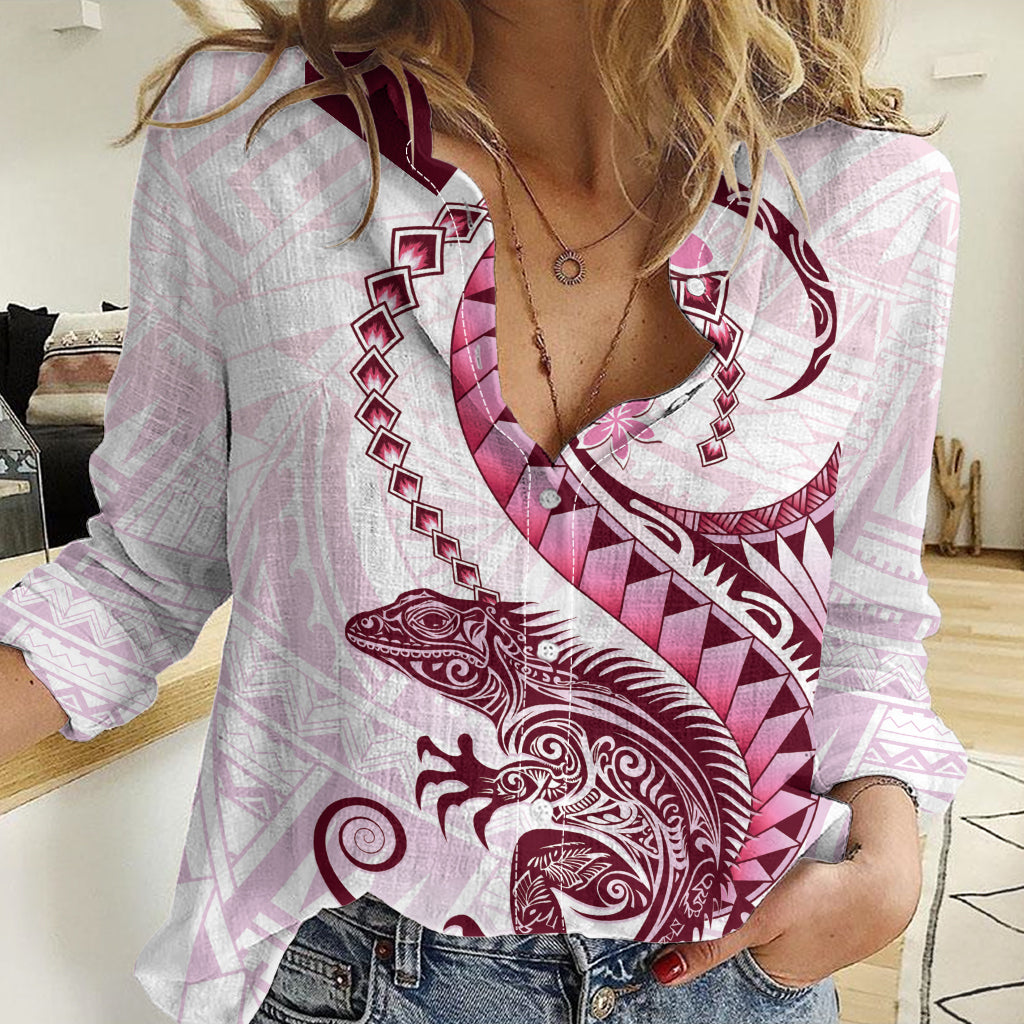 Pink Maori Tuatara Women Casual Shirt Luxury Pastel Pattern