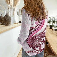 Pink Maori Tuatara Women Casual Shirt Luxury Pastel Pattern