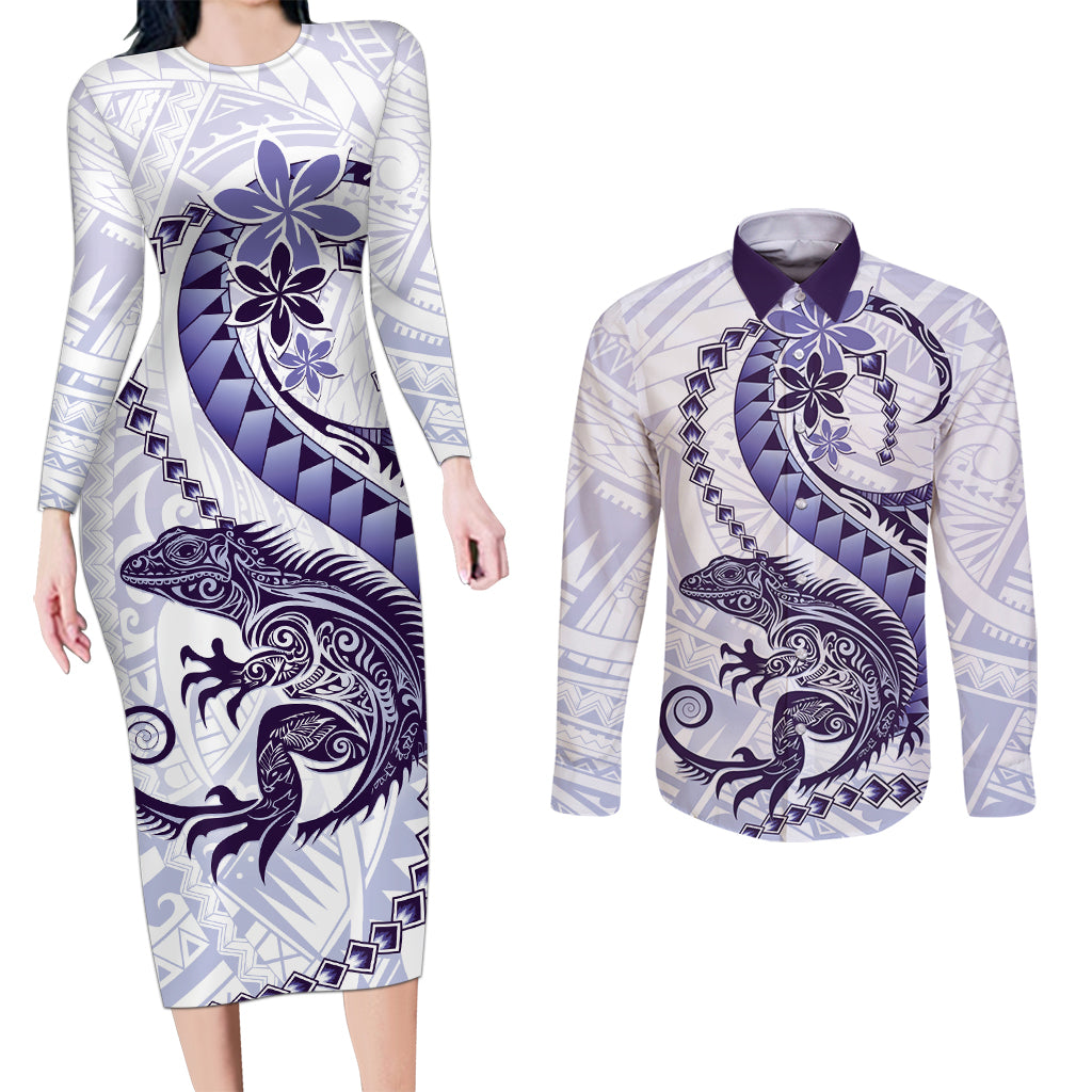 Purple Maori Tuatara Couples Matching Long Sleeve Bodycon Dress and Long Sleeve Button Shirt Luxury Pastel Pattern