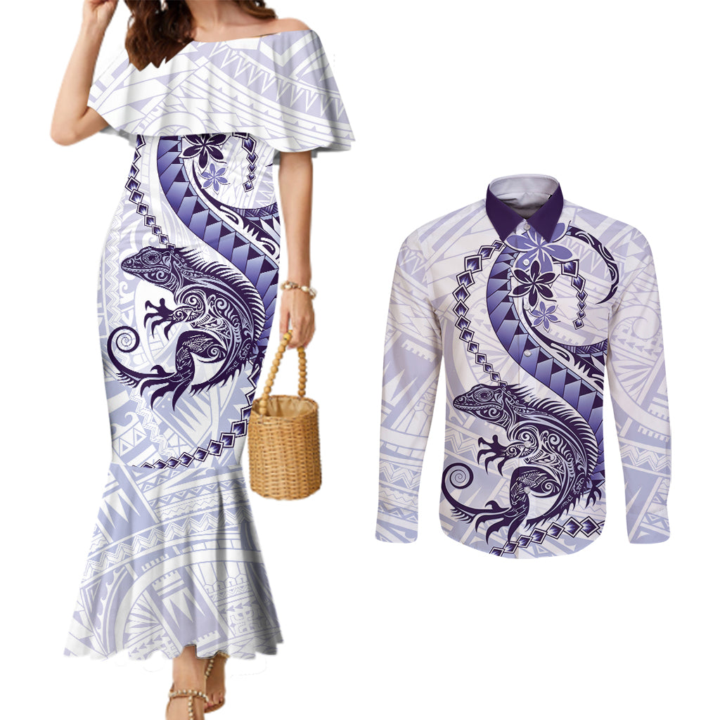 Purple Maori Tuatara Couples Matching Mermaid Dress and Long Sleeve Button Shirt Luxury Pastel Pattern