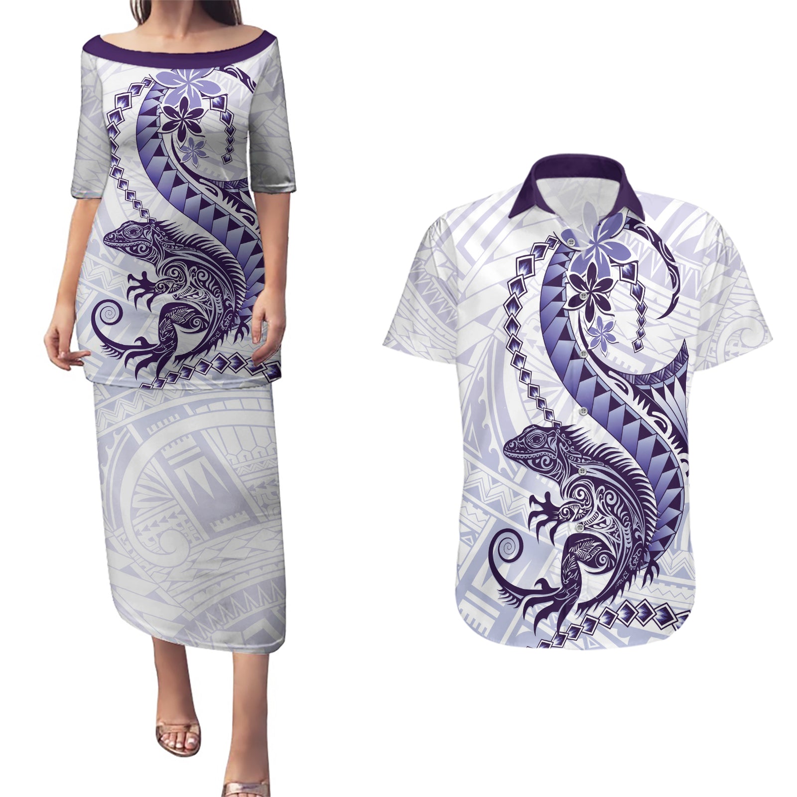 Purple Maori Tuatara Couples Matching Puletasi and Hawaiian Shirt Luxury Pastel Pattern LT01 Purple - Polynesian Pride