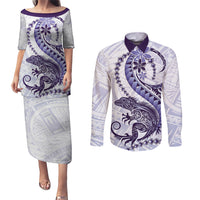 Purple Maori Tuatara Couples Matching Puletasi and Long Sleeve Button Shirt Luxury Pastel Pattern
