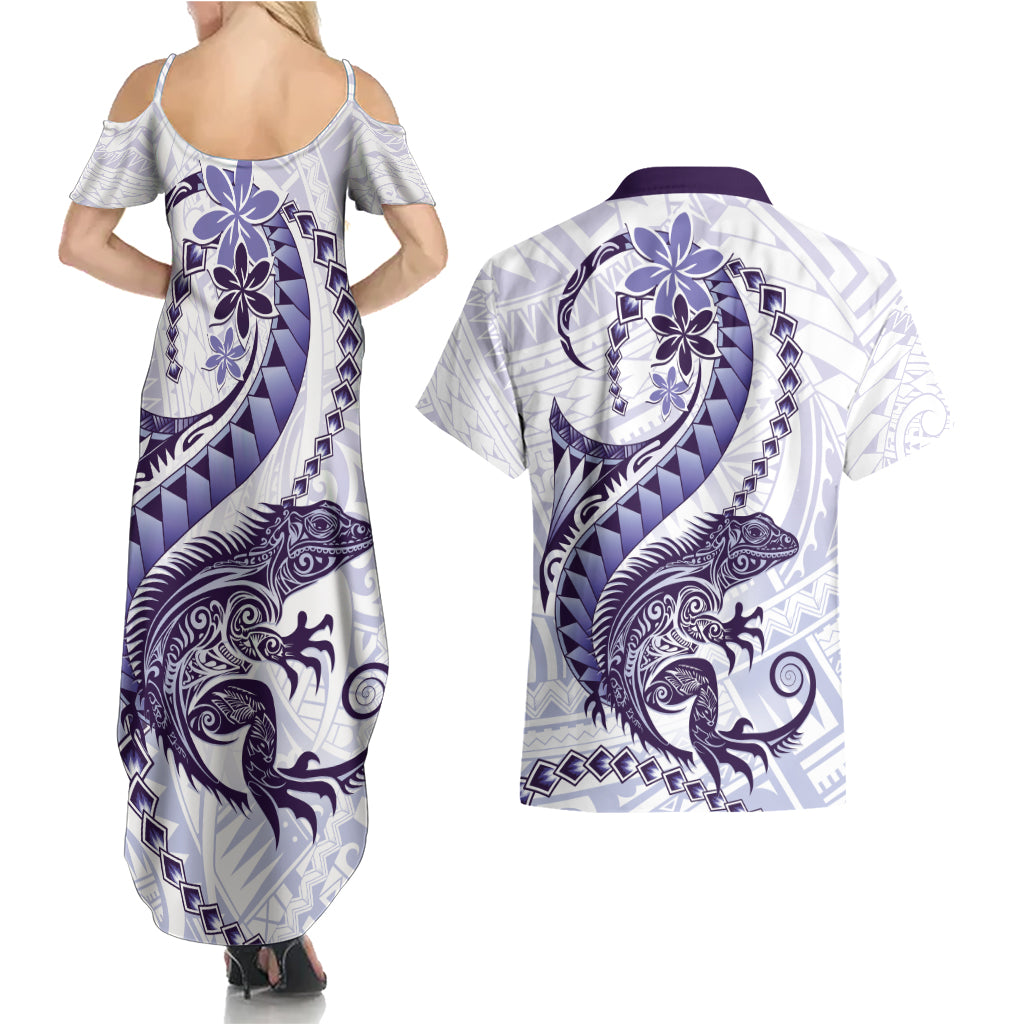 Purple Maori Tuatara Couples Matching Summer Maxi Dress and Hawaiian Shirt Luxury Pastel Pattern