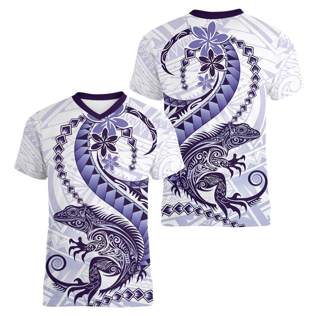 Purple Maori Tuatara Women V-Neck T-Shirt Luxury Pastel Pattern LT01 - Polynesian Pride