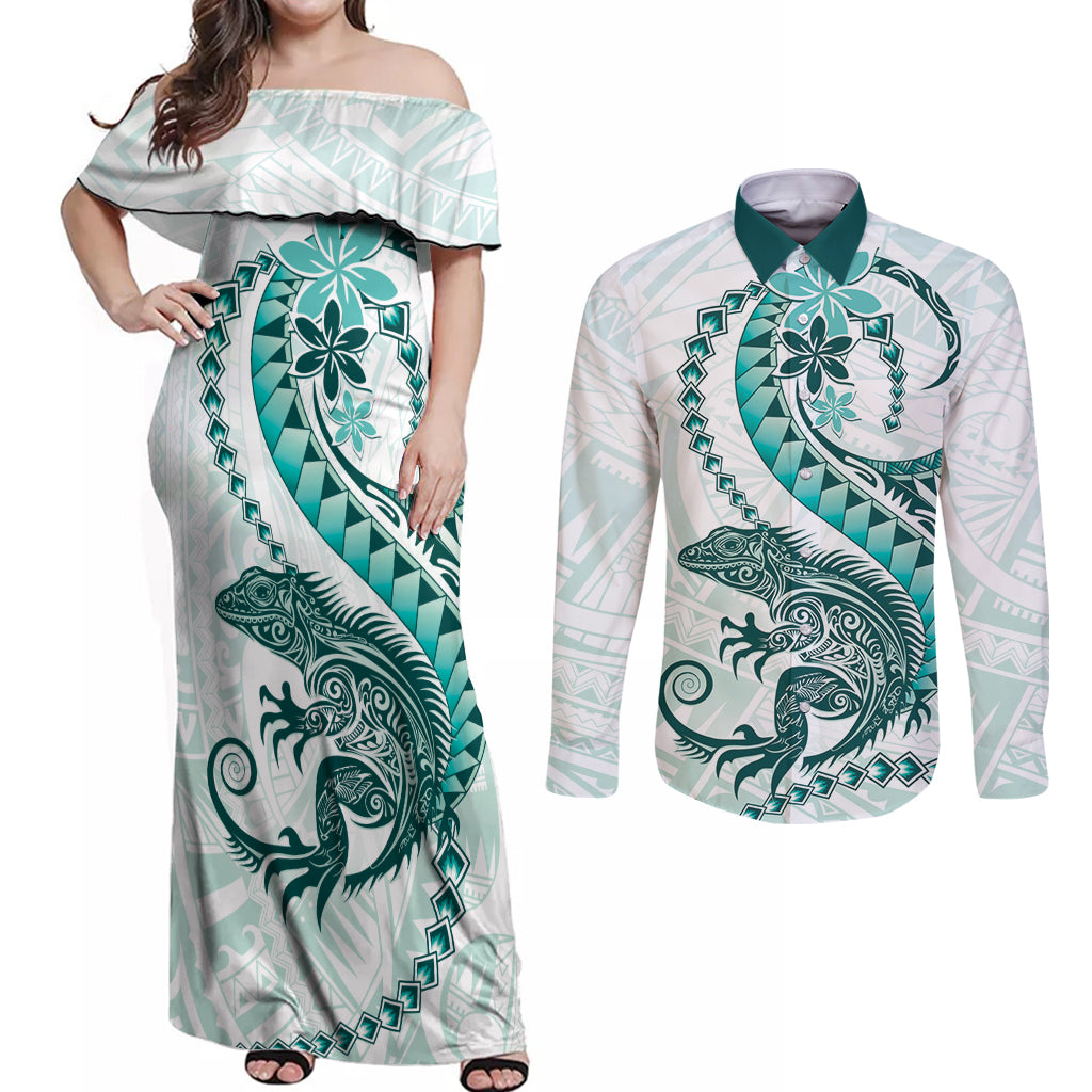 Teal Maori Tuatara Couples Matching Off Shoulder Maxi Dress and Long Sleeve Button Shirt Luxury Pastel Pattern