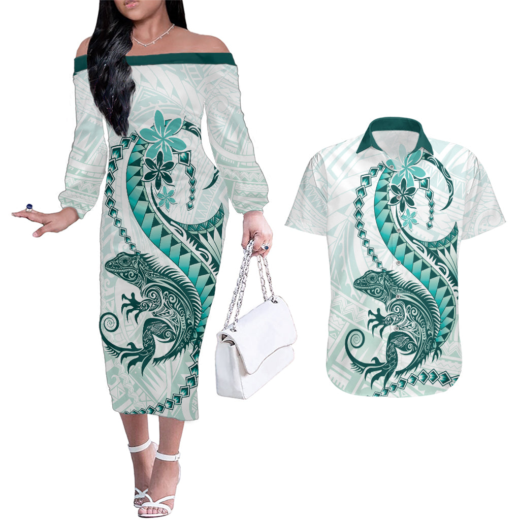 Teal Maori Tuatara Couples Matching Off The Shoulder Long Sleeve Dress and Hawaiian Shirt Luxury Pastel Pattern