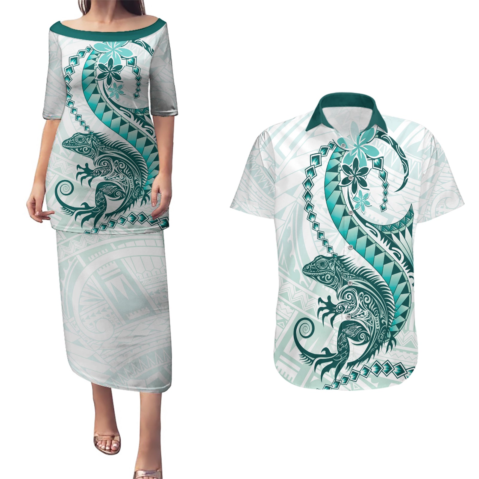 Teal Maori Tuatara Couples Matching Puletasi and Hawaiian Shirt Luxury Pastel Pattern LT01 Teal - Polynesian Pride