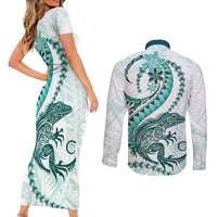 Teal Maori Tuatara Couples Matching Short Sleeve Bodycon Dress and Long Sleeve Button Shirt Luxury Pastel Pattern