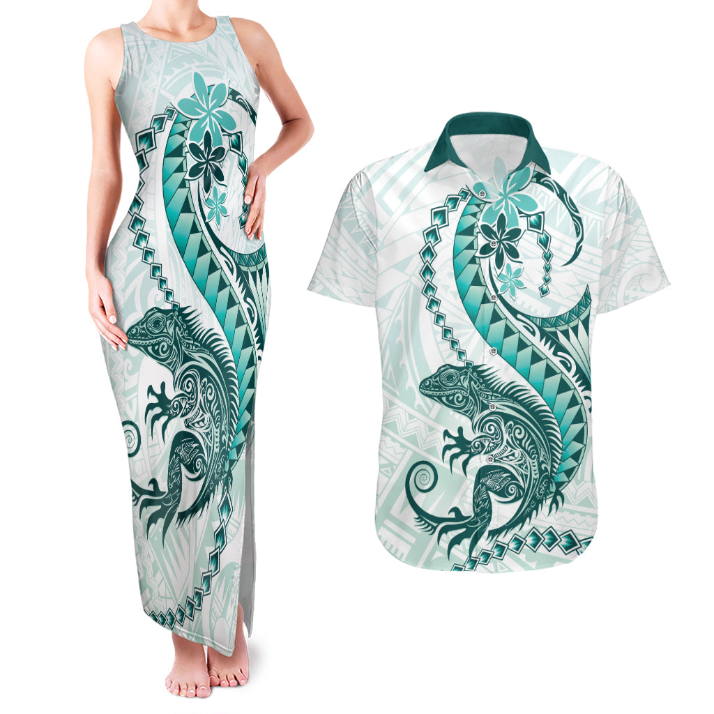 Teal Maori Tuatara Couples Matching Tank Maxi Dress and Hawaiian Shirt Luxury Pastel Pattern LT01 Teal - Polynesian Pride