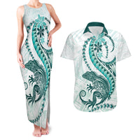 Teal Maori Tuatara Couples Matching Tank Maxi Dress and Hawaiian Shirt Luxury Pastel Pattern LT01 Teal - Polynesian Pride