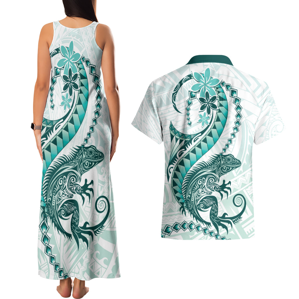 Teal Maori Tuatara Couples Matching Tank Maxi Dress and Hawaiian Shirt Luxury Pastel Pattern LT01 - Polynesian Pride