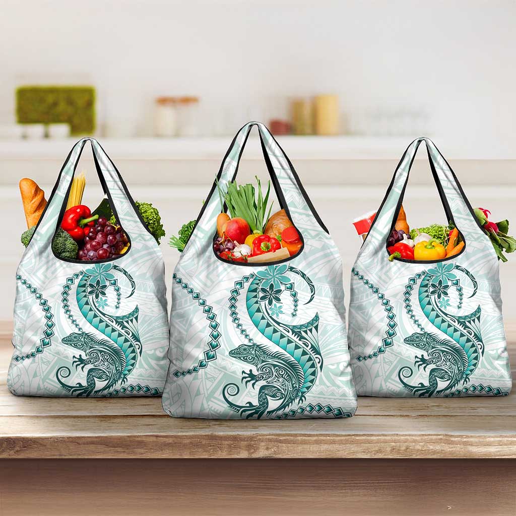 Teal Maori Tuatara Grocery Bag Luxury Pastel Pattern