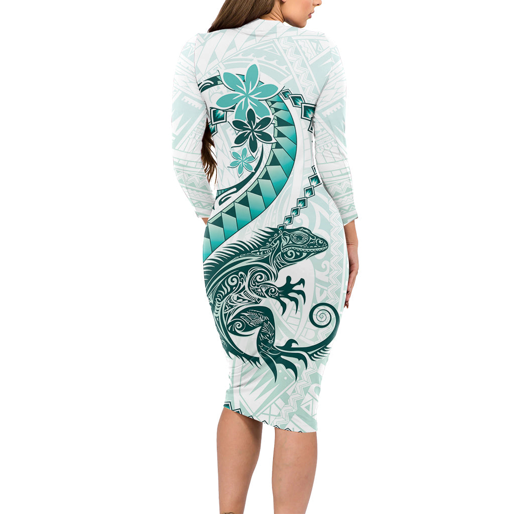 Teal Maori Tuatara Long Sleeve Bodycon Dress Luxury Pastel Pattern
