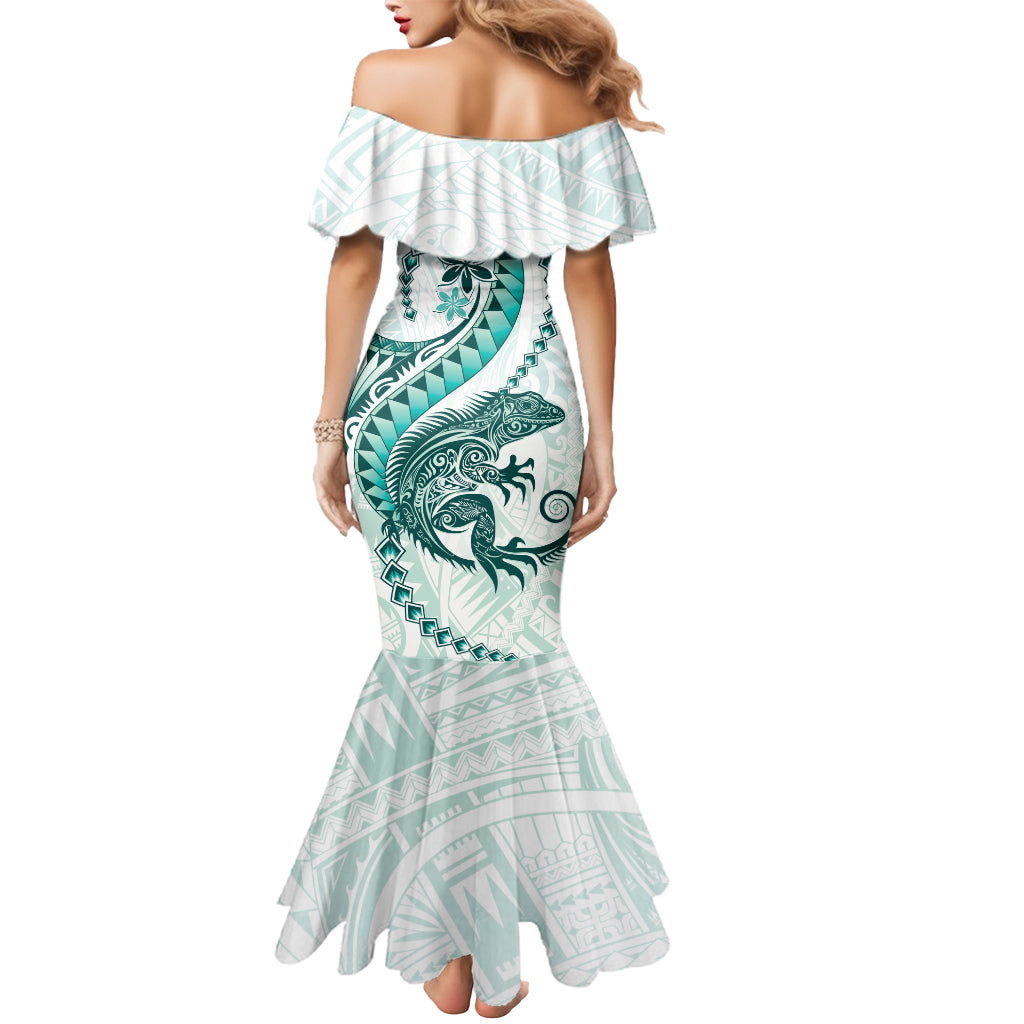 Teal Maori Tuatara Mermaid Dress Luxury Pastel Pattern