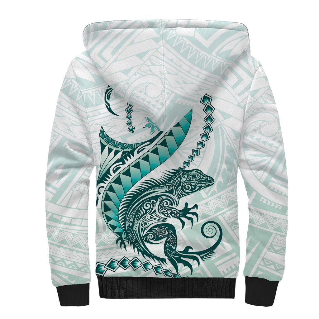 Teal Maori Tuatara Sherpa Hoodie Luxury Pastel Pattern