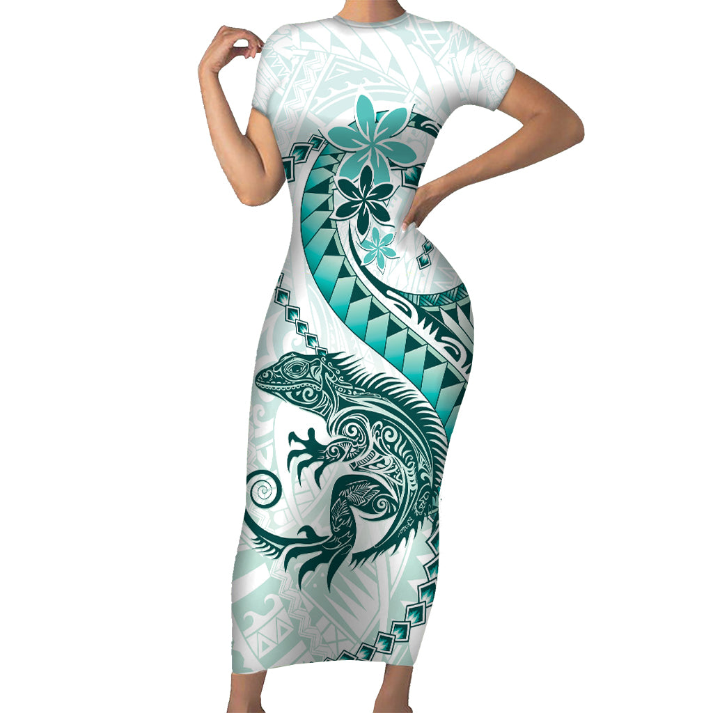 Teal Maori Tuatara Short Sleeve Bodycon Dress Luxury Pastel Pattern