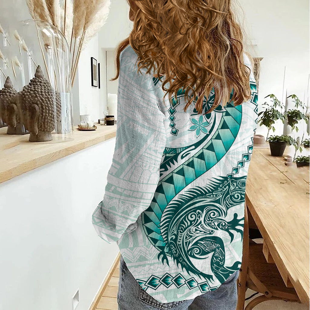 Teal Maori Tuatara Women Casual Shirt Luxury Pastel Pattern