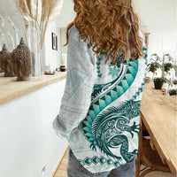 Teal Maori Tuatara Women Casual Shirt Luxury Pastel Pattern