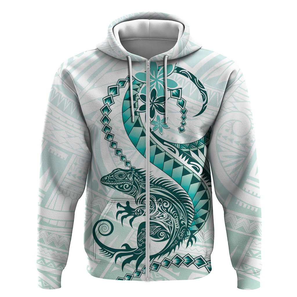 Teal Maori Tuatara Zip Hoodie Luxury Pastel Pattern