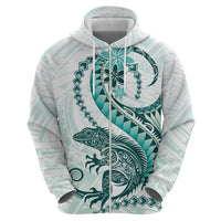 Teal Maori Tuatara Zip Hoodie Luxury Pastel Pattern