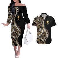 Hawaii Pineapple Brown Tribal Pattern Couples Matching Off The Shoulder Long Sleeve Dress and Hawaiian Shirt - Polynesian Pride