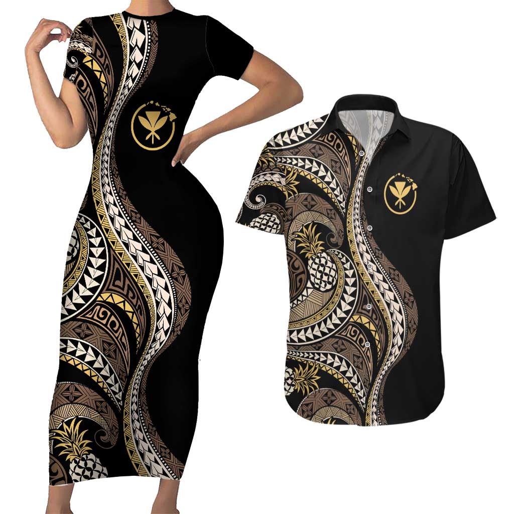 Hawaii Pineapple Brown Tribal Pattern Couples Matching Short Sleeve Bodycon Dress and Hawaiian Shirt - Polynesian Pride