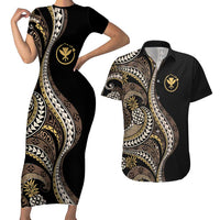Hawaii Pineapple Brown Tribal Pattern Couples Matching Short Sleeve Bodycon Dress and Hawaiian Shirt - Polynesian Pride