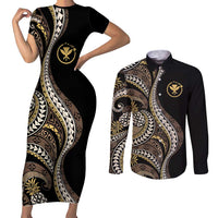 Hawaii Pineapple Brown Tribal Pattern Couples Matching Short Sleeve Bodycon Dress and Long Sleeve Button Shirt - Polynesian Pride