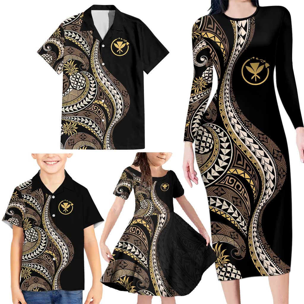 Hawaii Pineapple Brown Tribal Pattern Family Matching Long Sleeve Bodycon Dress and Hawaiian Shirt - Polynesian Pride