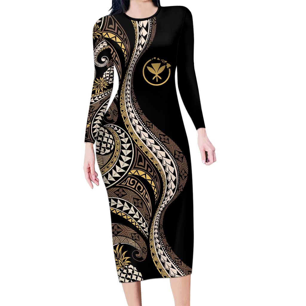 Hawaii Pineapple Brown Tribal Pattern Family Matching Long Sleeve Bodycon Dress and Hawaiian Shirt - Polynesian Pride