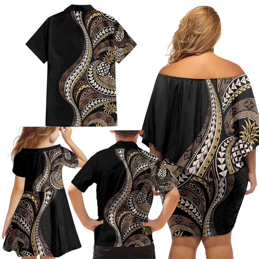 Hawaii Pineapple Brown Tribal Pattern Family Matching Off Shoulder Short Dress and Hawaiian Shirt - Polynesian Pride